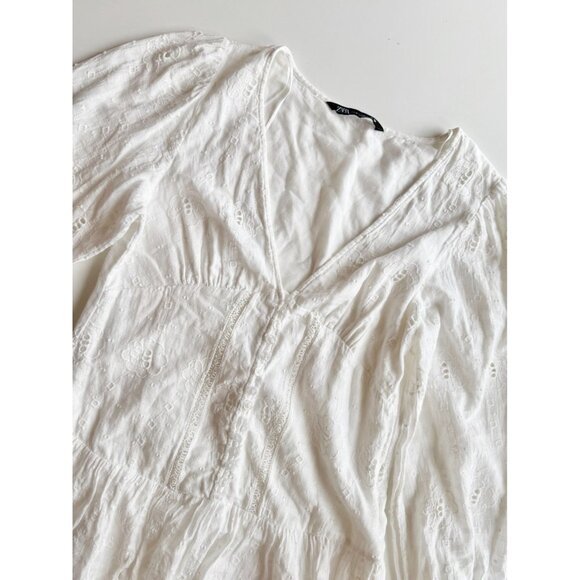 ZARA White Cotton Embroidered Eyelet Long Sleeve Button Front Mini Dress, Size M - Picture 6 of 16